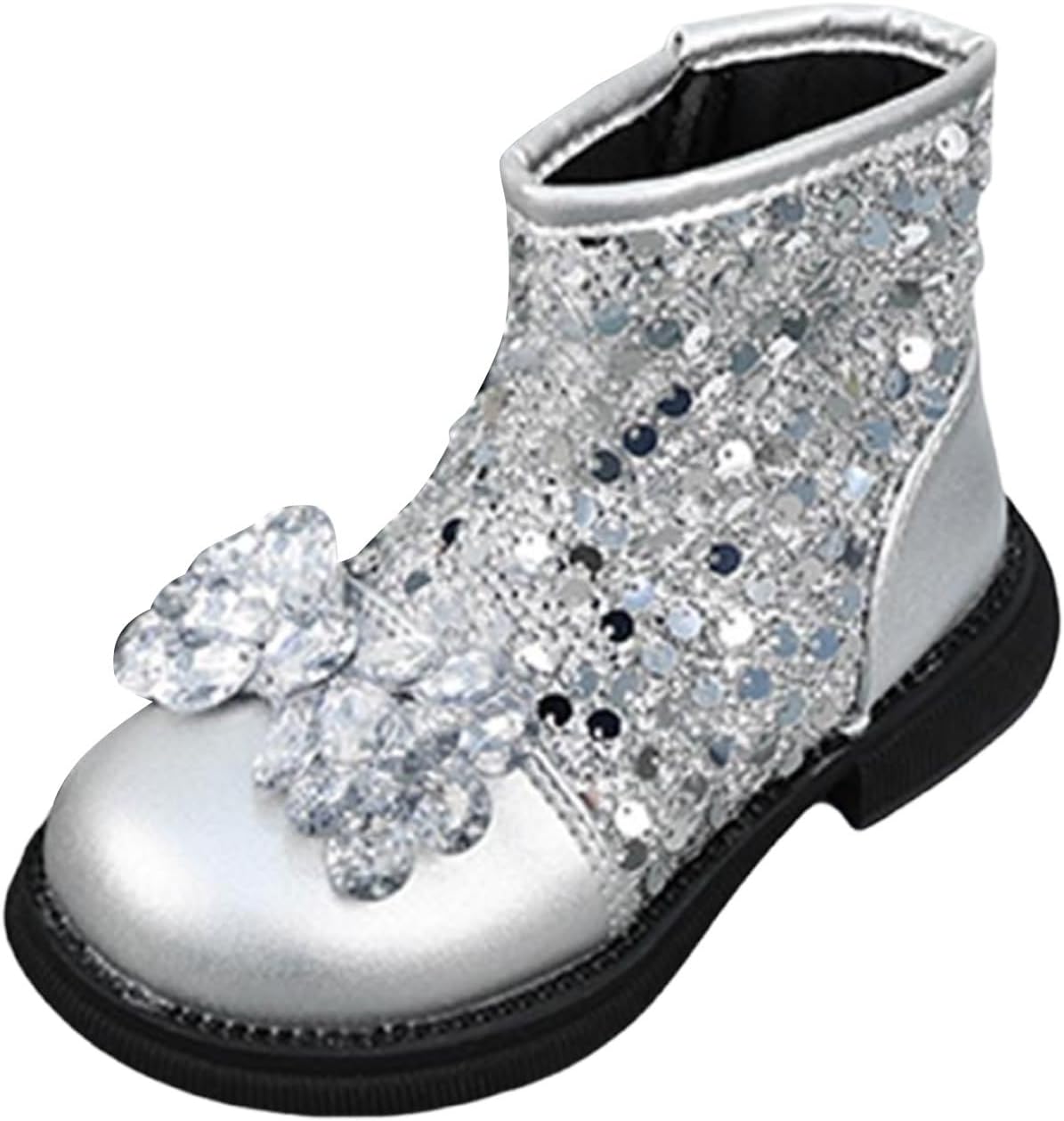 

Детские ботильоны IWIHMIV для девочек, с блестками, на низком каблуке, зимние повседневные, с боковой молнией, нескользящие короткие ботинки для малышей, Silver