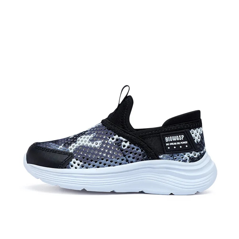 Детские повседневные кроссовки low top из искусственной кожи, нескользящие, износостойкие, дышащие BIG WASP, Black Gray Summer Unlined Mesh