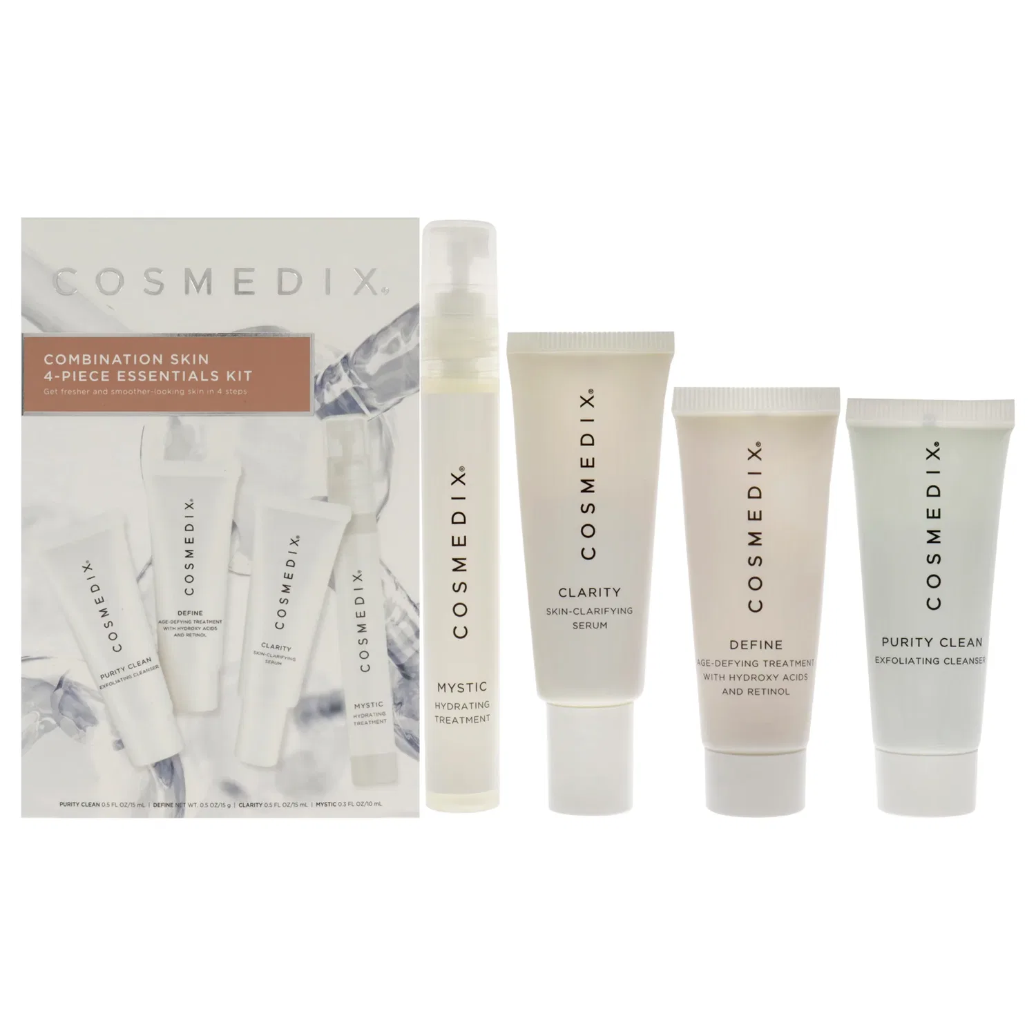 Набор для ухода за комбинированной кожей от Cosmedix (унисекс) - 4 шт.: Purity Clean (0,5 унции), Define (0,5 унции), Clarity (0,5 унции), Mystic (0,5 унции), белый