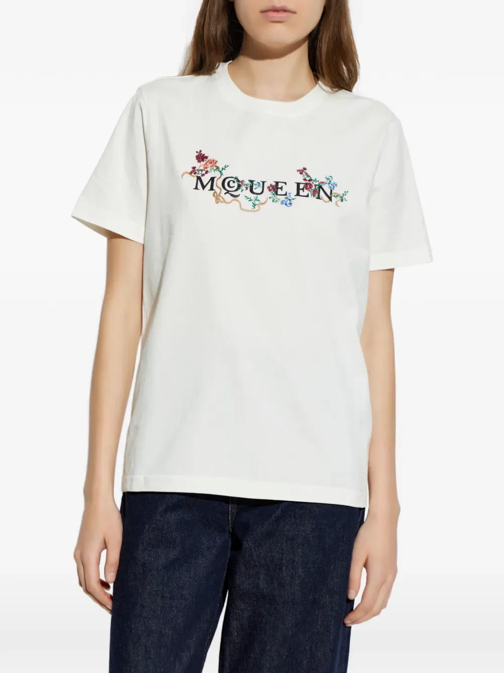 Футболка с вышитым цветочным логотипом Alexander Mcqueen, белый — фото 3