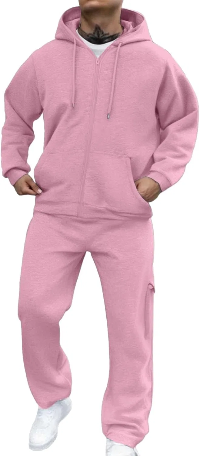 Мужской спортивный костюм из флиса, 2 предмета: худи с молнией и штаны, Pink