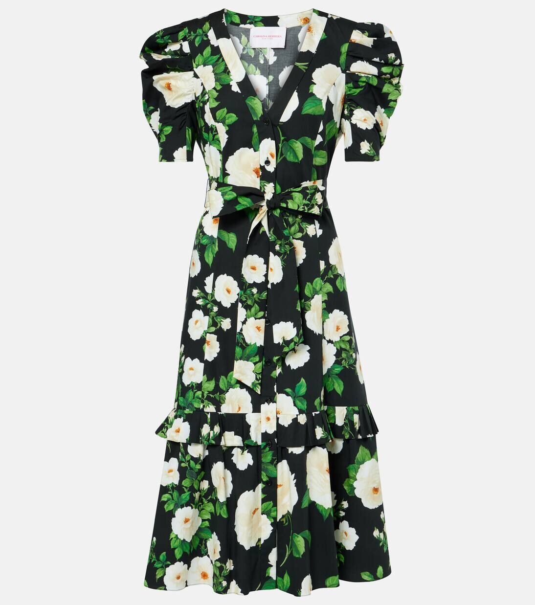 

Платье миди из хлопковой смеси с цветочным принтом Carolina Herrera, черный