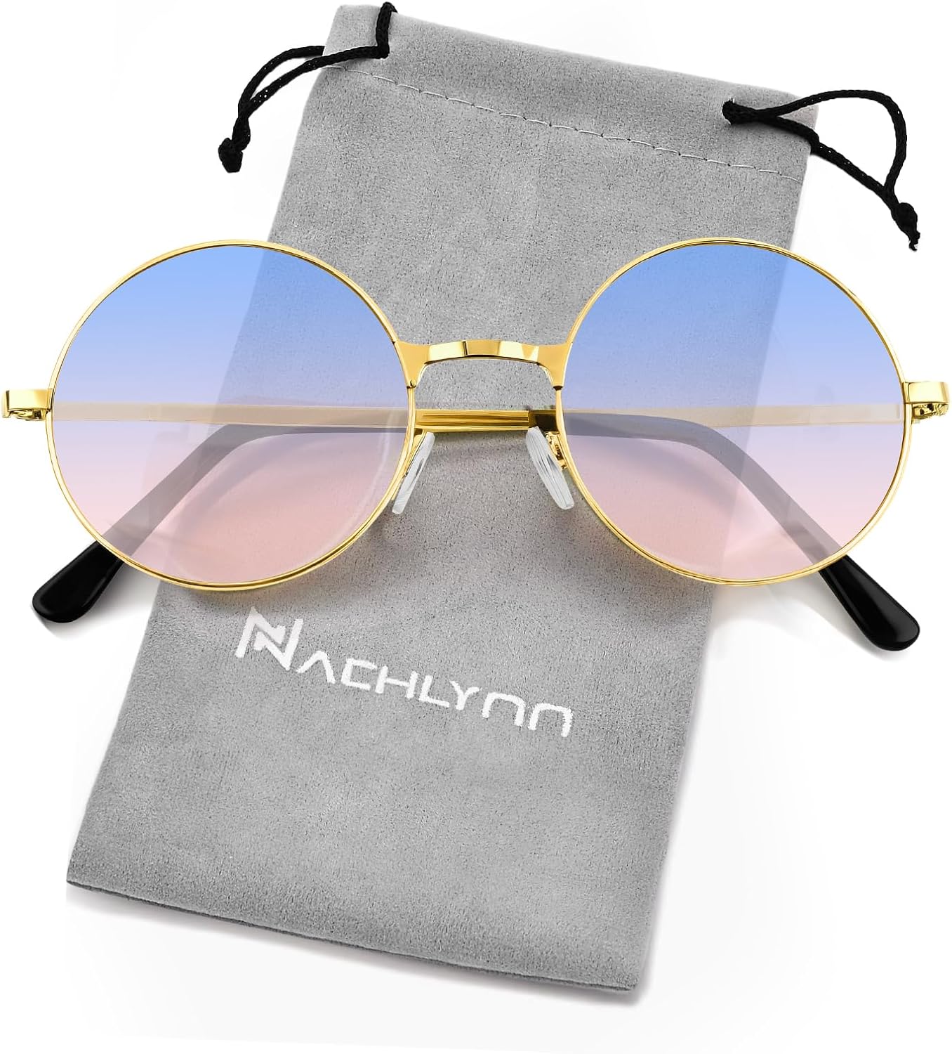 

NACHLYNN Круглые солнцезащитные очки в стиле хиппи с металлическим ободком, защита UV380, солнцезащитные очки 70-х годов для мужчин и женщин, подарок на вечеринку, Blue Pink