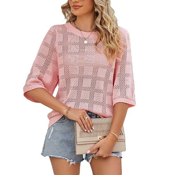 

Женский белый вязаный сетчатый кардиган с круглым вырезом и коротким рукавом Clearflower, Pink