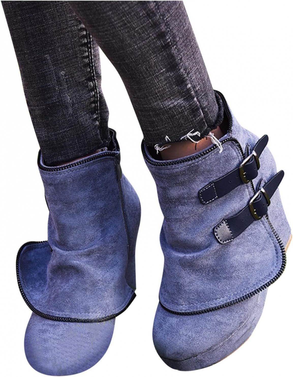 

Женские ботильоны Hbeylia на высоком каблуке, бохо, винтажные, с двойной металлической пряжкой, замшевые, с круглым носком, серый