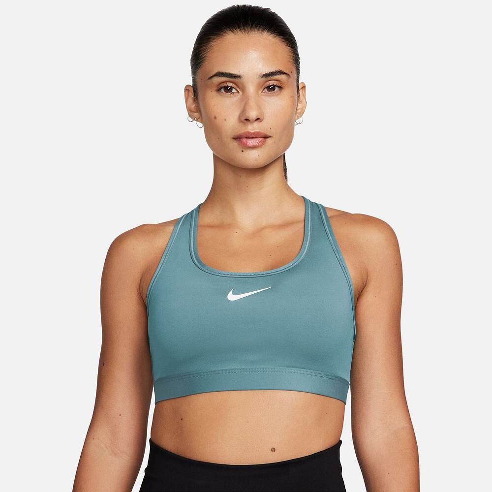 

Женский спортивный бюстгальтер с мягкой подкладкой средней поддержки Nike Swoosh, цвет Denim Turquoise