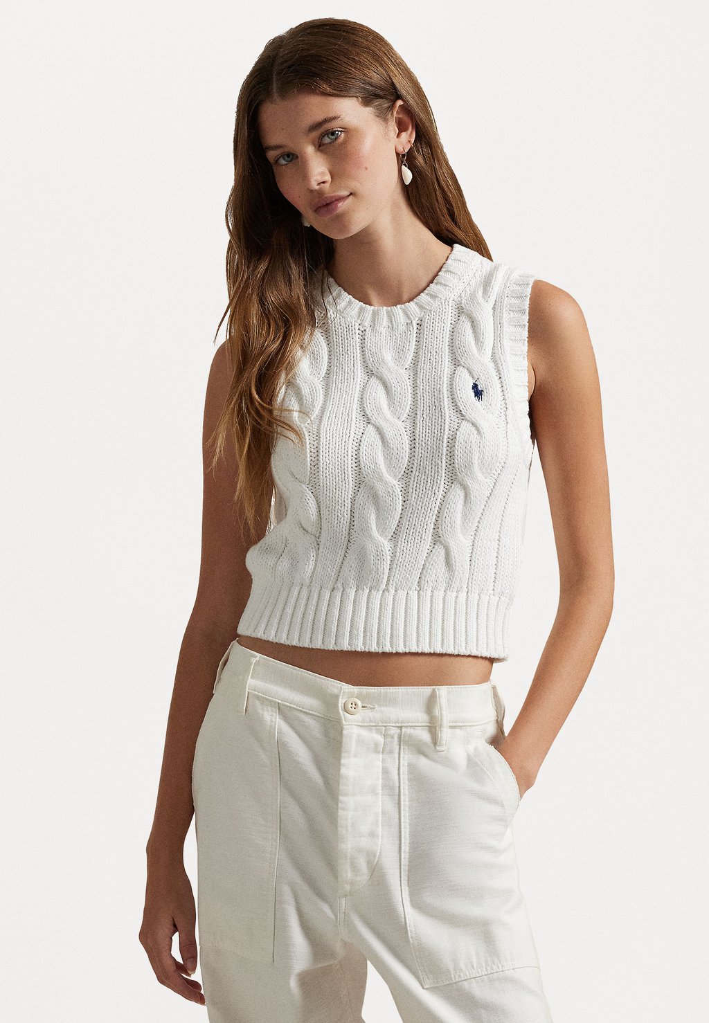 

Свитер CABLE KNIT COTTON CREWNECK SWEATER VEST Polo Ralph Lauren, белый