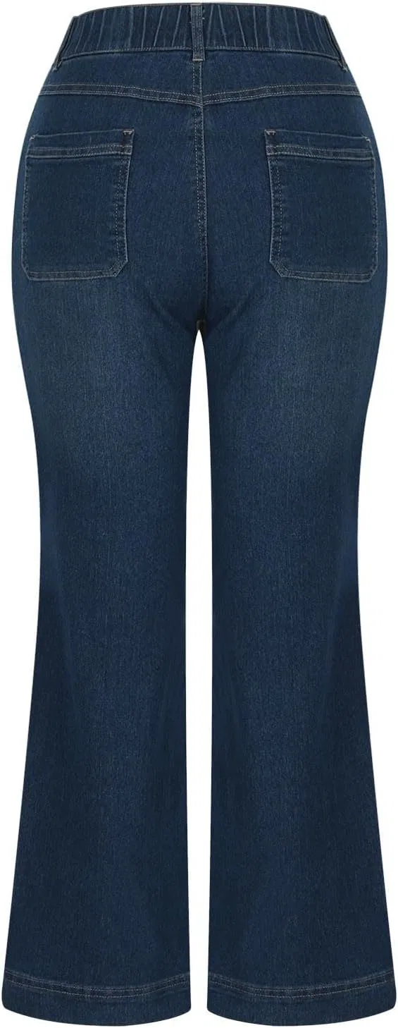 Джинсы широкие, Womens Elastic High Waisted Jeans Trendy Wide Leg Denim Pants Stretch Comfy Baggy Casual Vintage Trousers with Pocket, A01 Blue — фото 3