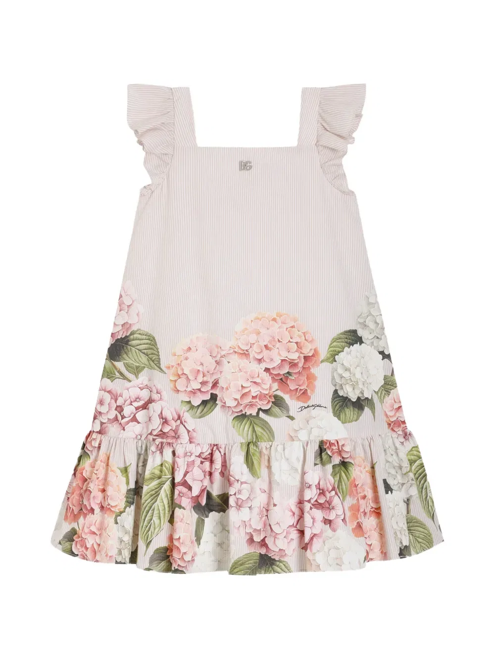 Платье из хлопчатобумажной ткани в полоску с принтом гортензий Dolce & Gabbana Kids, нейтральный