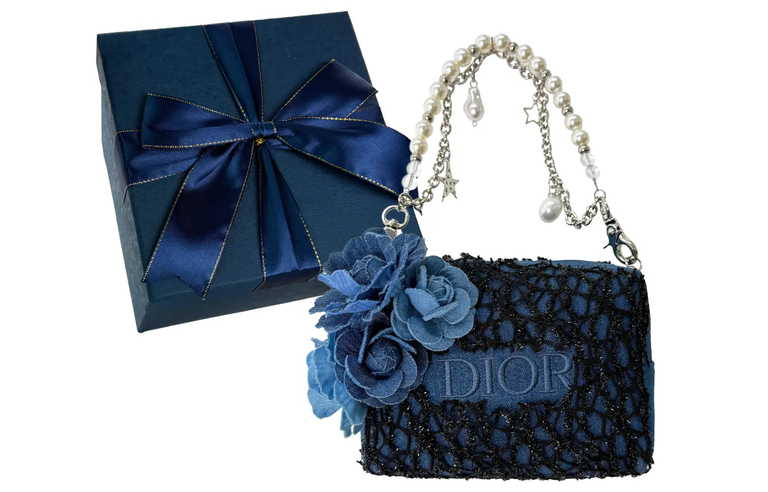 

[Кастомная косметичка] TCO Floral, жемчужная цепочка, стиль Urban Chic, романтичная, винтажная, 3D-эффект, для ежедневного ношения DIOR, floral box included