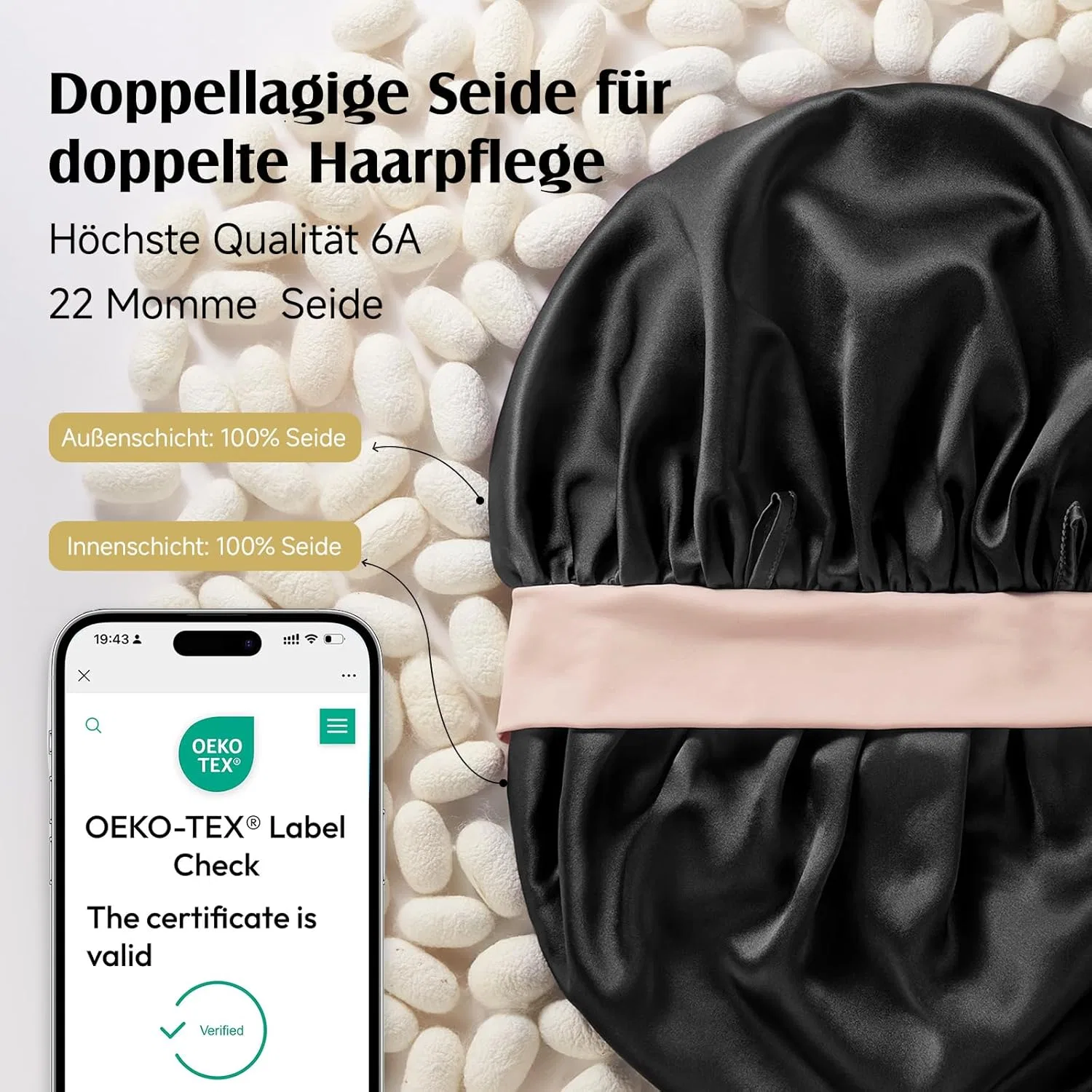 Шелковая шапочка для сна 22 Momme от Umisleep Umisleep, Black + Pink — фото 2