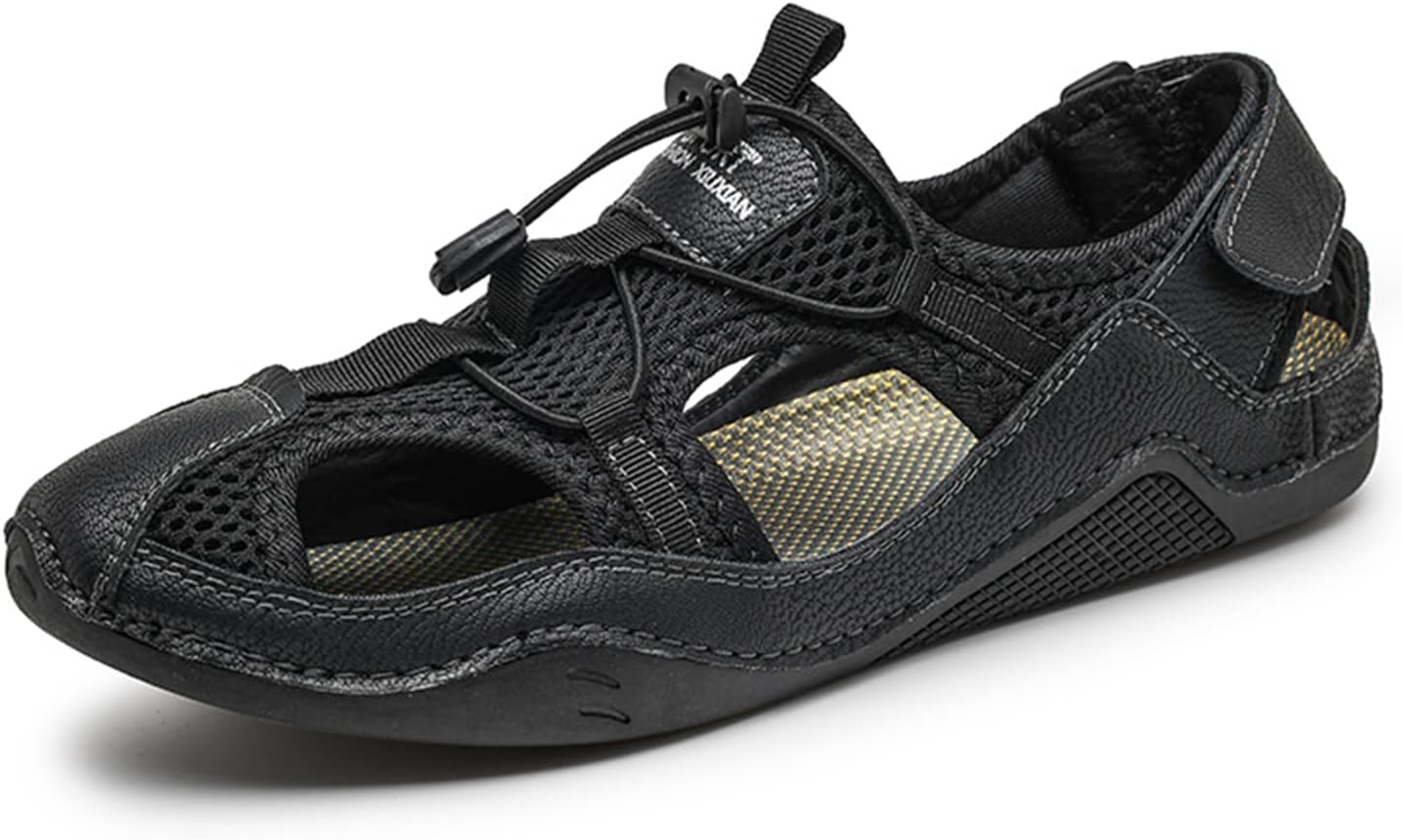 

Мужские походные сандалии ручной работы из натуральной кожи, спортивные сандалии с закрытым носком для ходьбы, нескользящие, рыбацкие, пляжные и водные туфли Abborora, черный