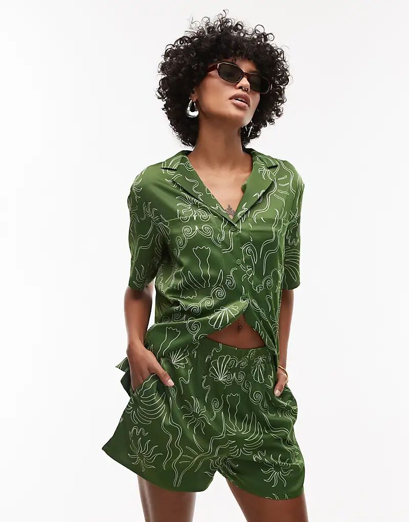 

Атласные шорты Topshop coord с пальмами зеленого цвета