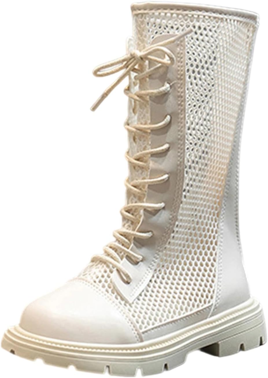 

Детские боевые ботинки с шнуровкой, сапоги до середины голени, модные с массивным каблуком, платформой, в военном стиле, ботильоны для езды Generic, Beige