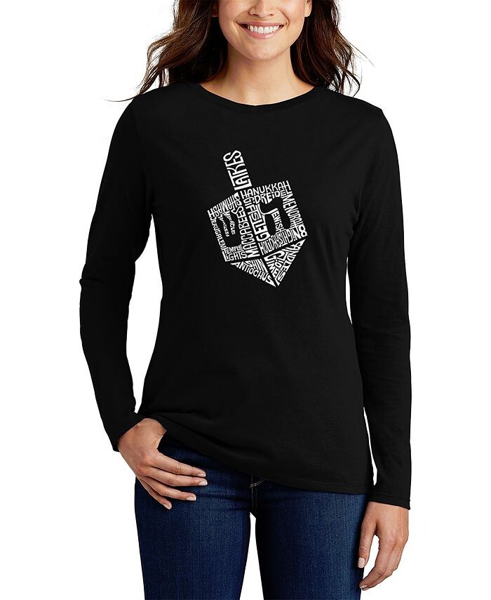 

Женская футболка с длинным рукавом Hanukkah Dreidel Word Art LA Pop Art, черный