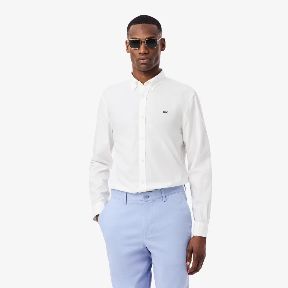 Мужская лёгкая поплиновая рубашка с длинным рукавом белая от Lacoste