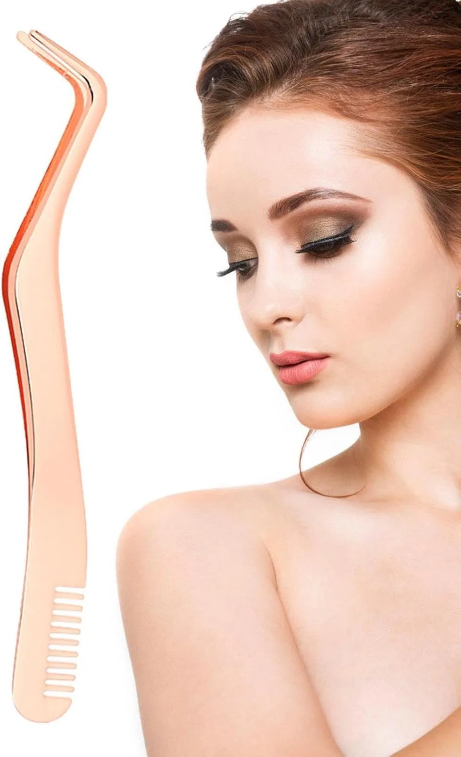 Пинцет для ресниц из нержавеющей стали с расческой, Rose Gold