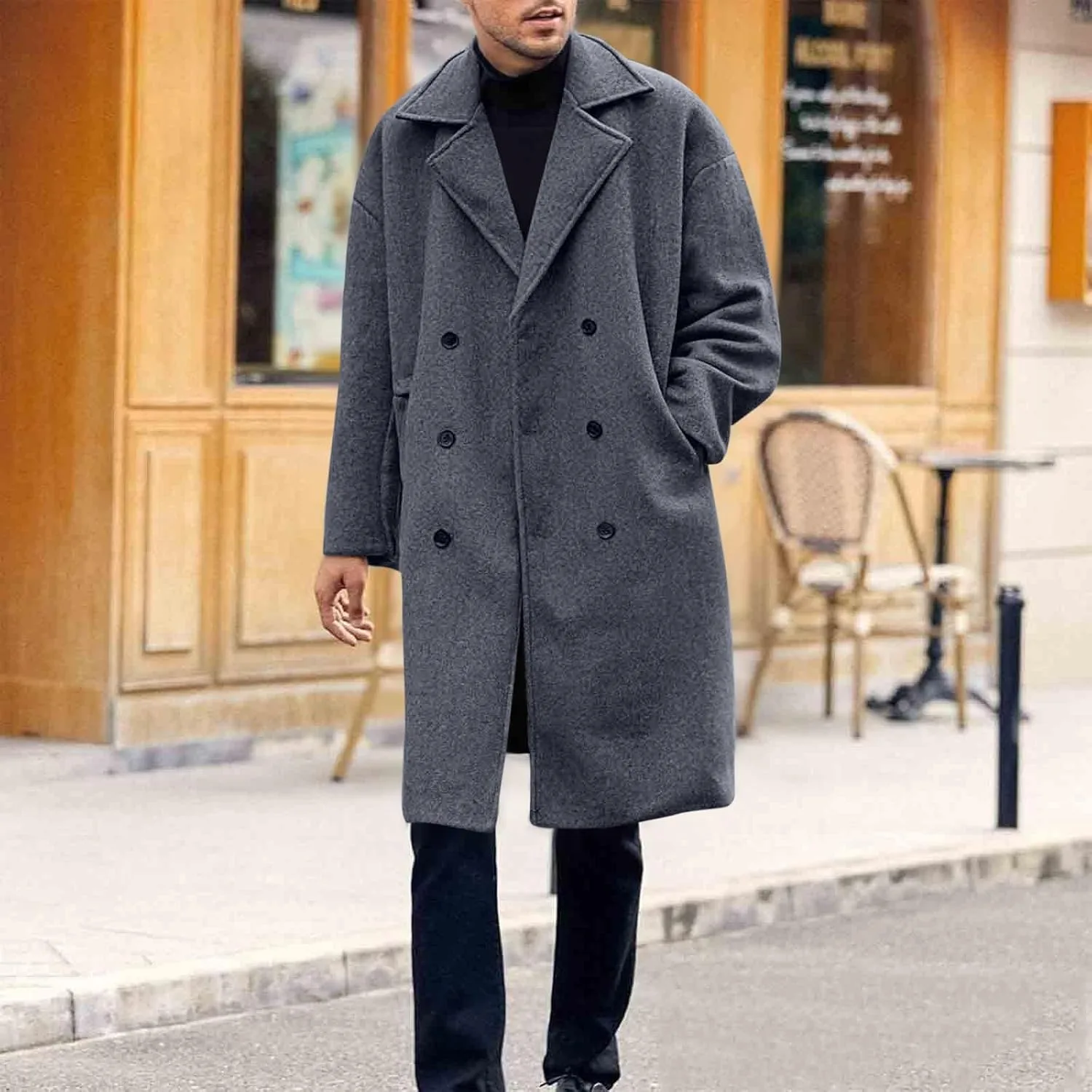 Мужское пальто pea coat средней длины из шерстяной смеси с двубортной застежкой и отложным воротником, утепленное зимнее тренч Generic, серый — фото 4