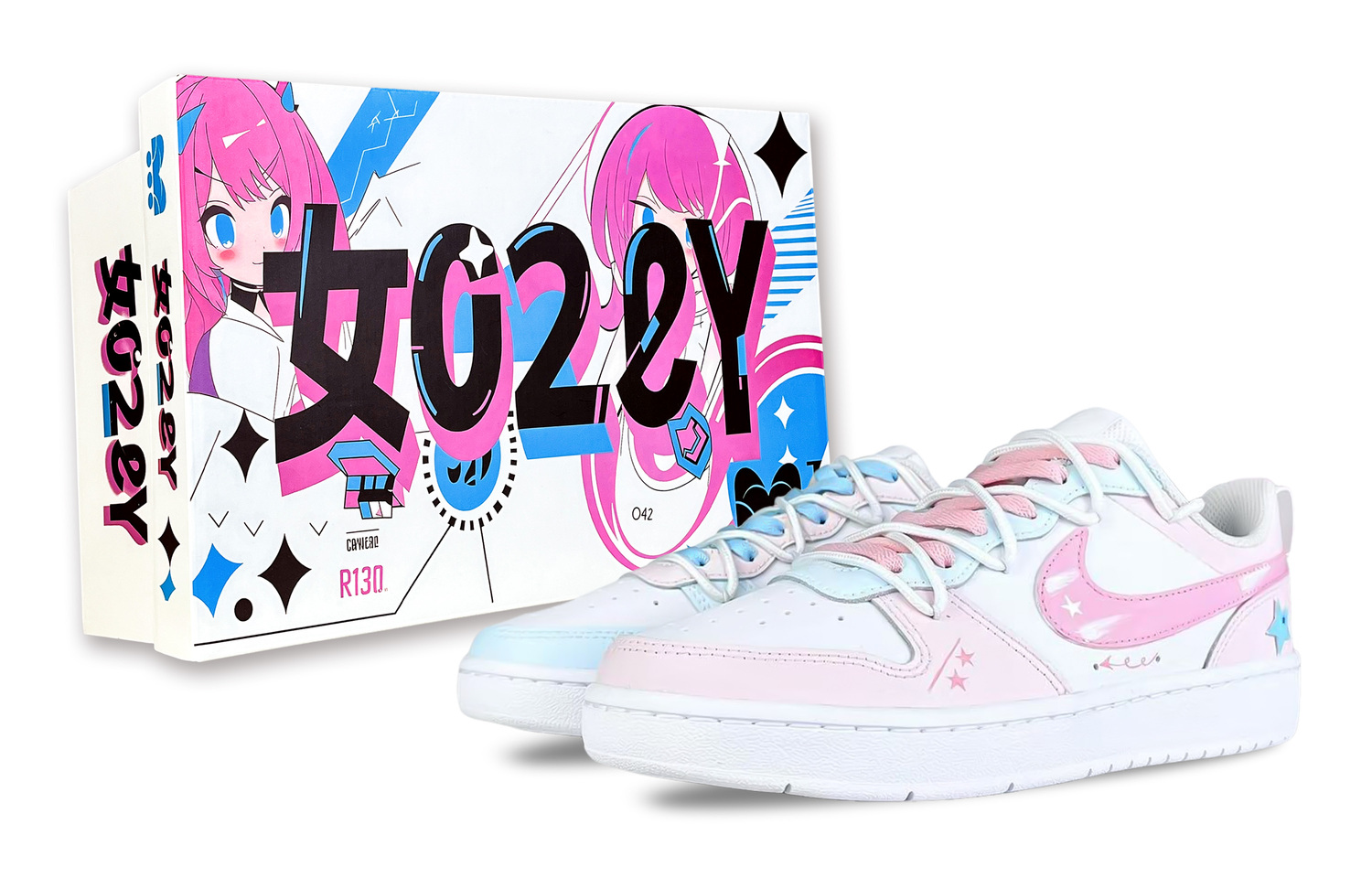 

Nike Парные детские скейтерские кроссовки Court Borough Mismatched Star Wish с противоскользящим покрытием и устойчивостью к истиранию, низкие, синие и розовые