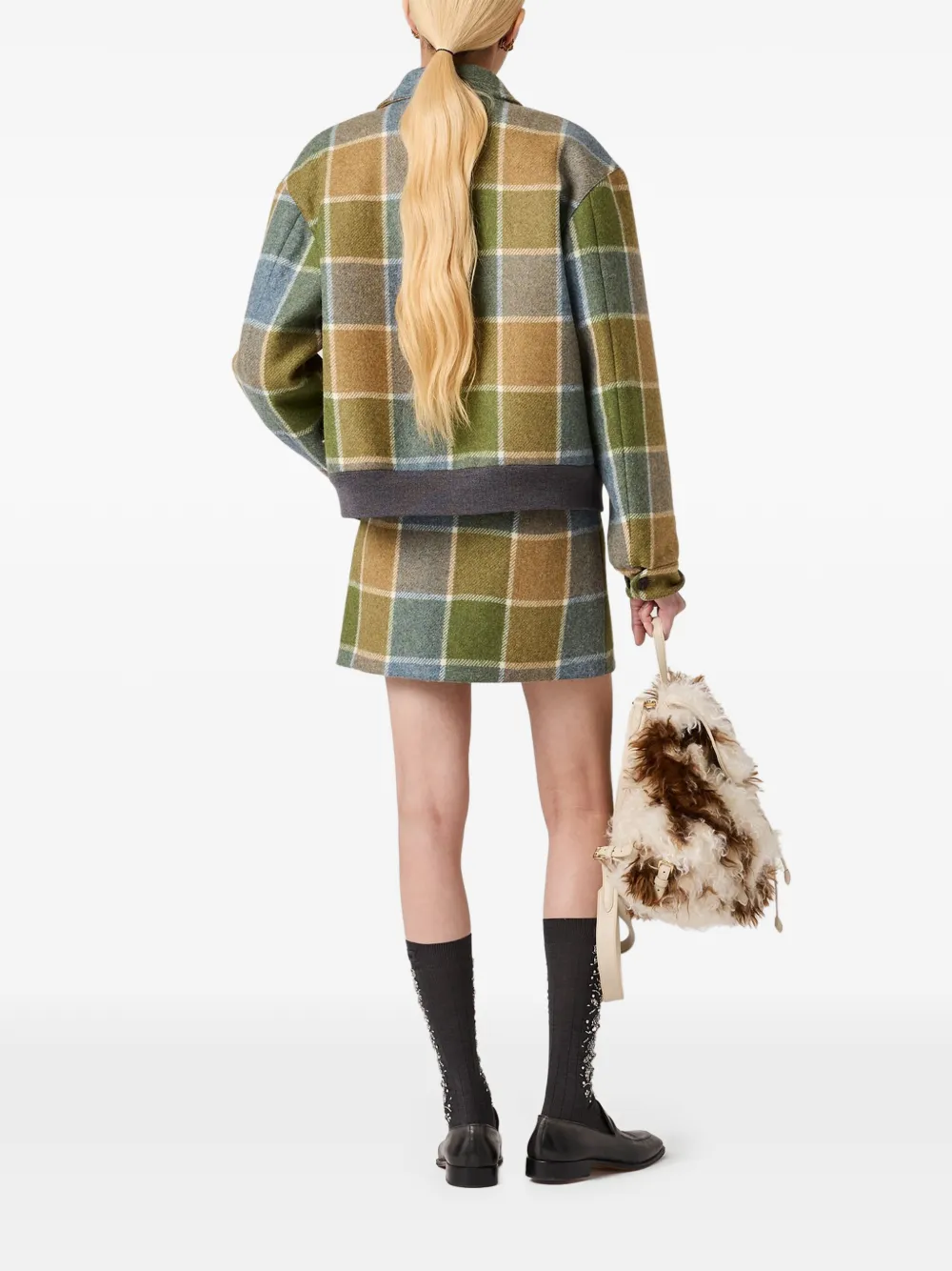 Клетчатая юбка мини с логотипом Miu Miu, зеленый — фото 3