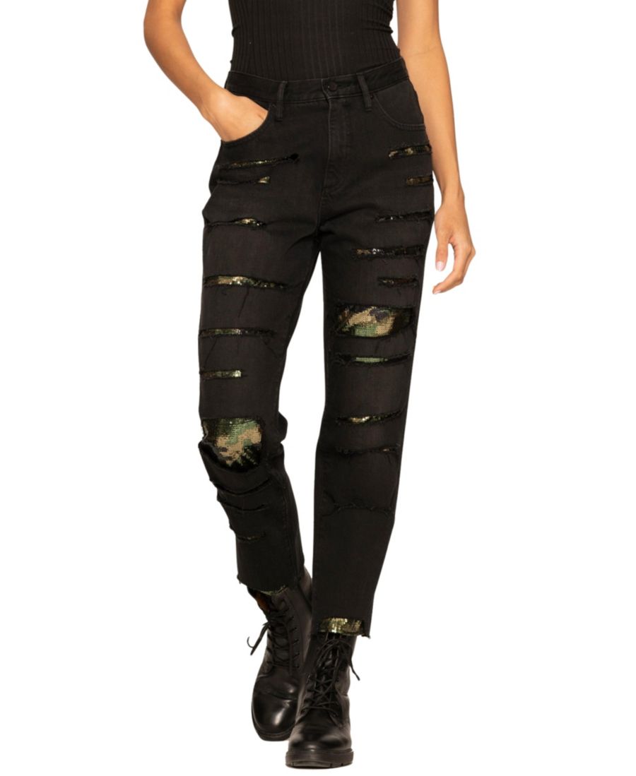 

Женские джинсы с высокой посадкой, камуфляжным рисунком и пайетками, прямого кроя Blue Revival, Black/camo