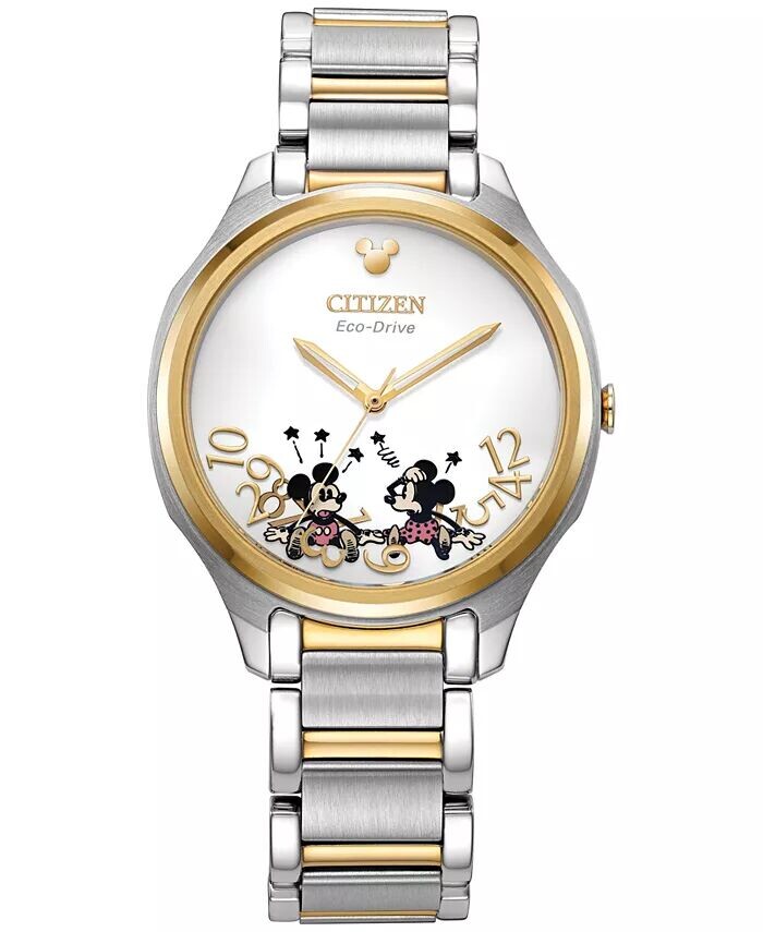 

Двухцветные часы с браслетом из нержавеющей стали Falling Mickey & Minnie, 35 мм Citizen