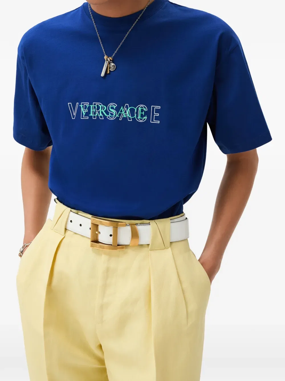 Обычная футболка из хлопкового трикотажа с вышитым логотипом Versace, синий — фото 2