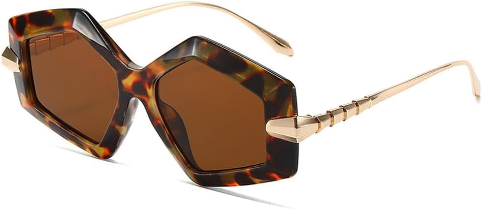 

Качественные солнцезащитные очки из металлического сплава с нестандартными дужками, модные женские очки с геометрическим многоугольным рисунком, защита от ультрафиолета UV400 TKKTLLT, Leopard Brown