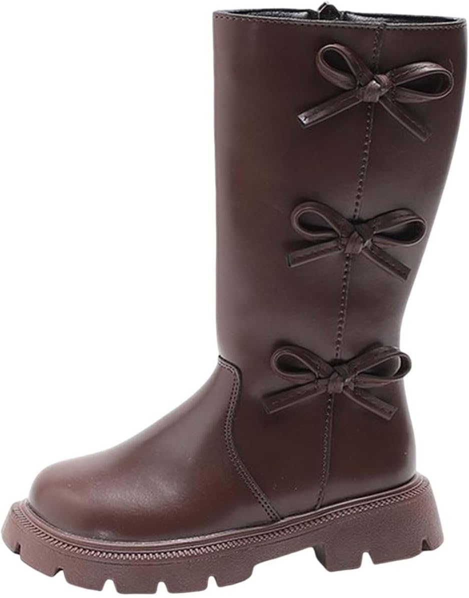 

Девочкам высокие сапоги до икры с бантом, длинные винтажные боевые ботильоны, мягкая подошва, противоскользящие, повседневные, для прогулок и снега Generic, Brown