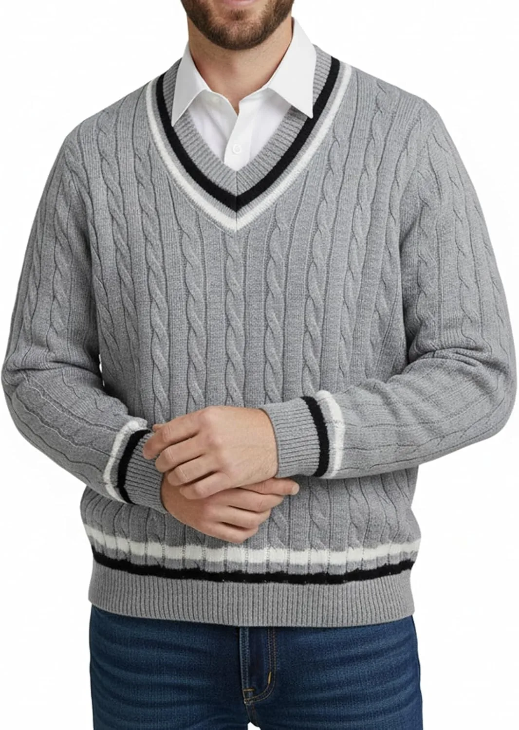 

Мужской свитер с V-образным вырезом и косой вязкой — 100% акрил, длинный рукав yoomens