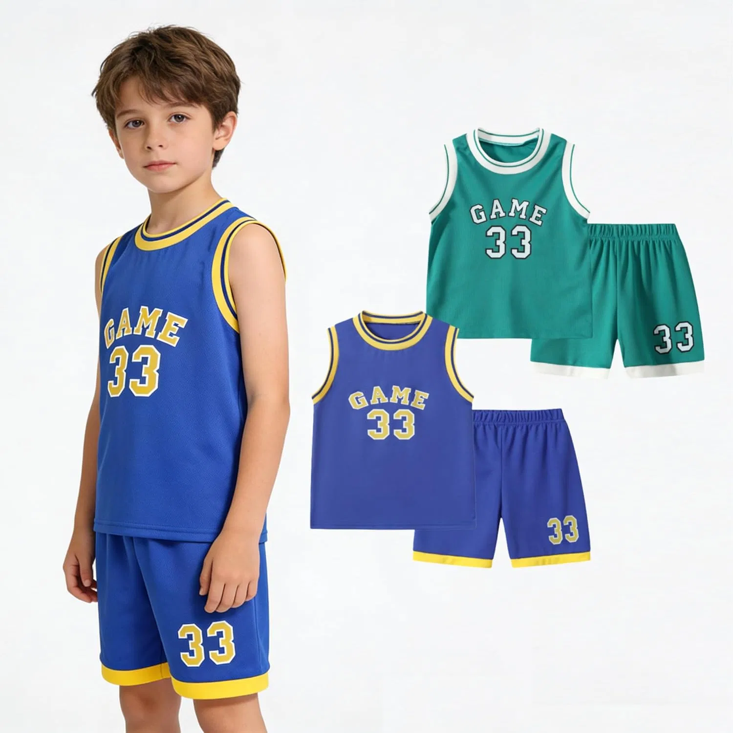 Детский спортивный комплект из топа и шорт, Letter Print, Blue Green