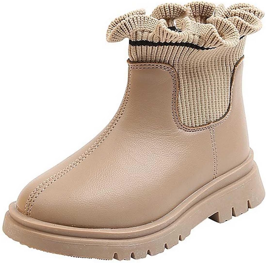 

Детские ботинки для девочек с вязаной оборкой на щиколотке, гибкие, на плоской подошве, модные, короткие ботиночки для ходьбы с нескользящей подошвой Generic, Beige