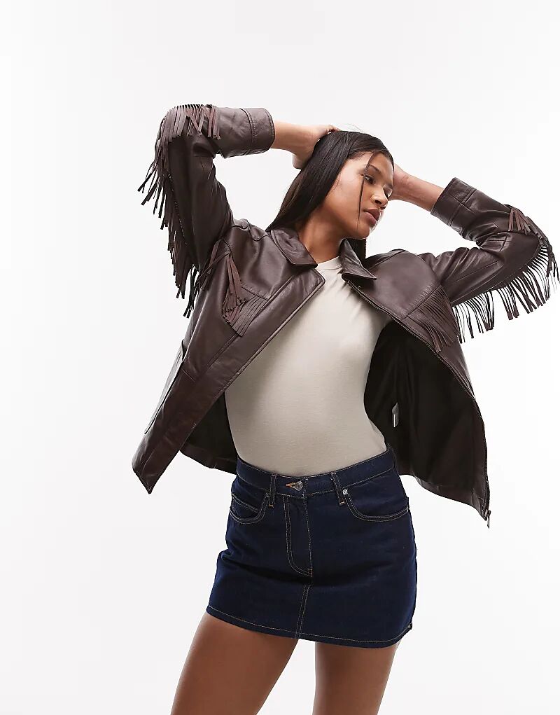 

Куртка Urbancode из кожи наппа с бахромой в цвете горького шоколада