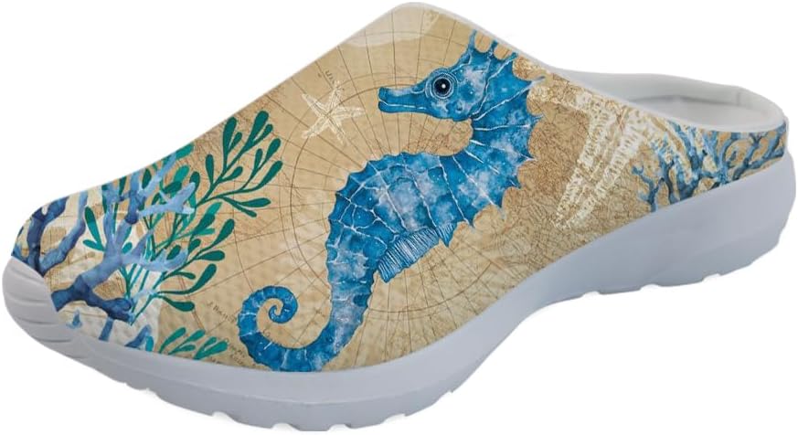 

Кроссовки-мюли Forchrinse Blue Cow для женщин, без задника, с сеткой, на платформе, удобные домашние, и спортивные тапочки, Vintage Sea Horse