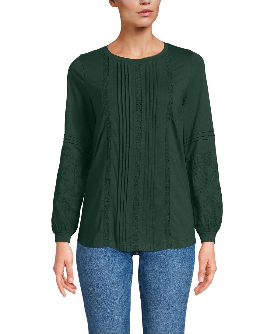 

Женская легкая трикотажная блузка с кружевом, длинными рукавами и складками Lands' End, Pine valley