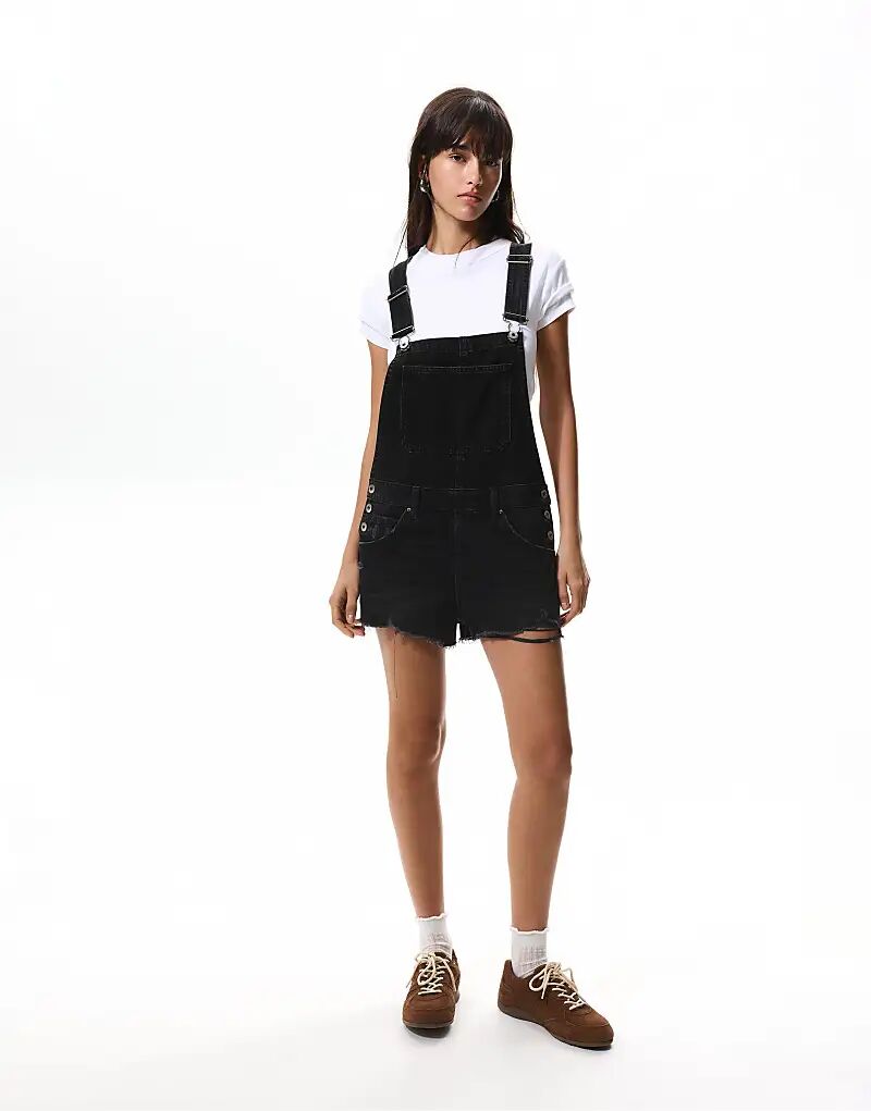 

Короткий джинсовый комбинезон Pull&Bear Ripped черного цвета