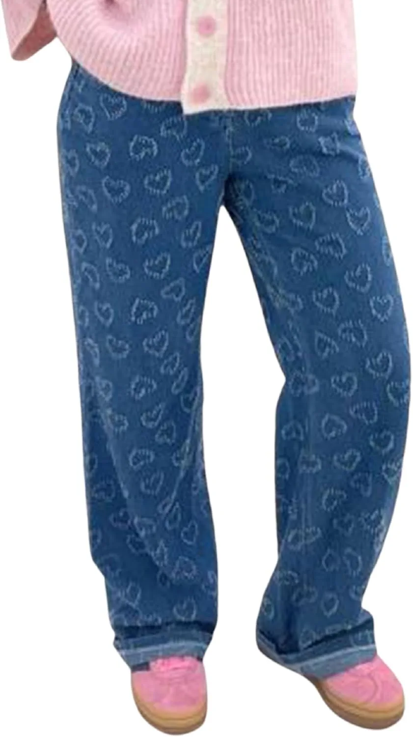 

Джинсы UAURORAO Y2k Print для женщин High Waisted Vintage Washed Baggy Straight Wide Leg