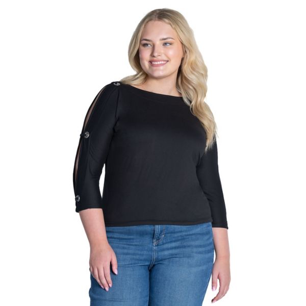 

Плюс сайз топ с круглым вырезом и 3/4 рукавом, украшенный люверсами 24Seven Comfort Apparel, черный