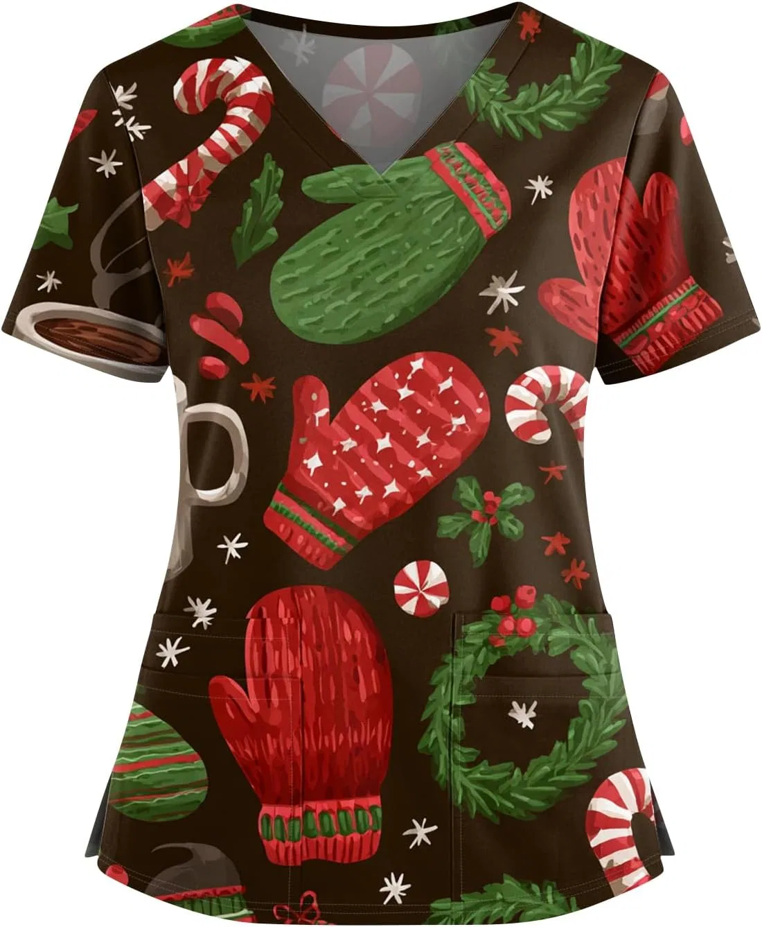 Медицинский топ с V-образным вырезом, с принтом, Christmas, короткий рукав, 2-brown