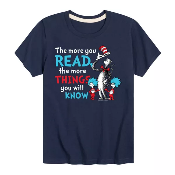 

Футболка с рисунком кота в шляпе Доктора Сьюза "Больше вещей, которые ты знаешь" для мальчиков 8-20 лет Licensed Character, синий