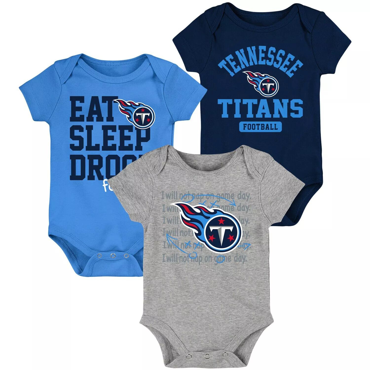 

Темно-синий/голубой комплект боди для новорожденных и младенцев Tennessee Titans Eat Sleep Drool Football, комплект из трех предметов Outerstuff