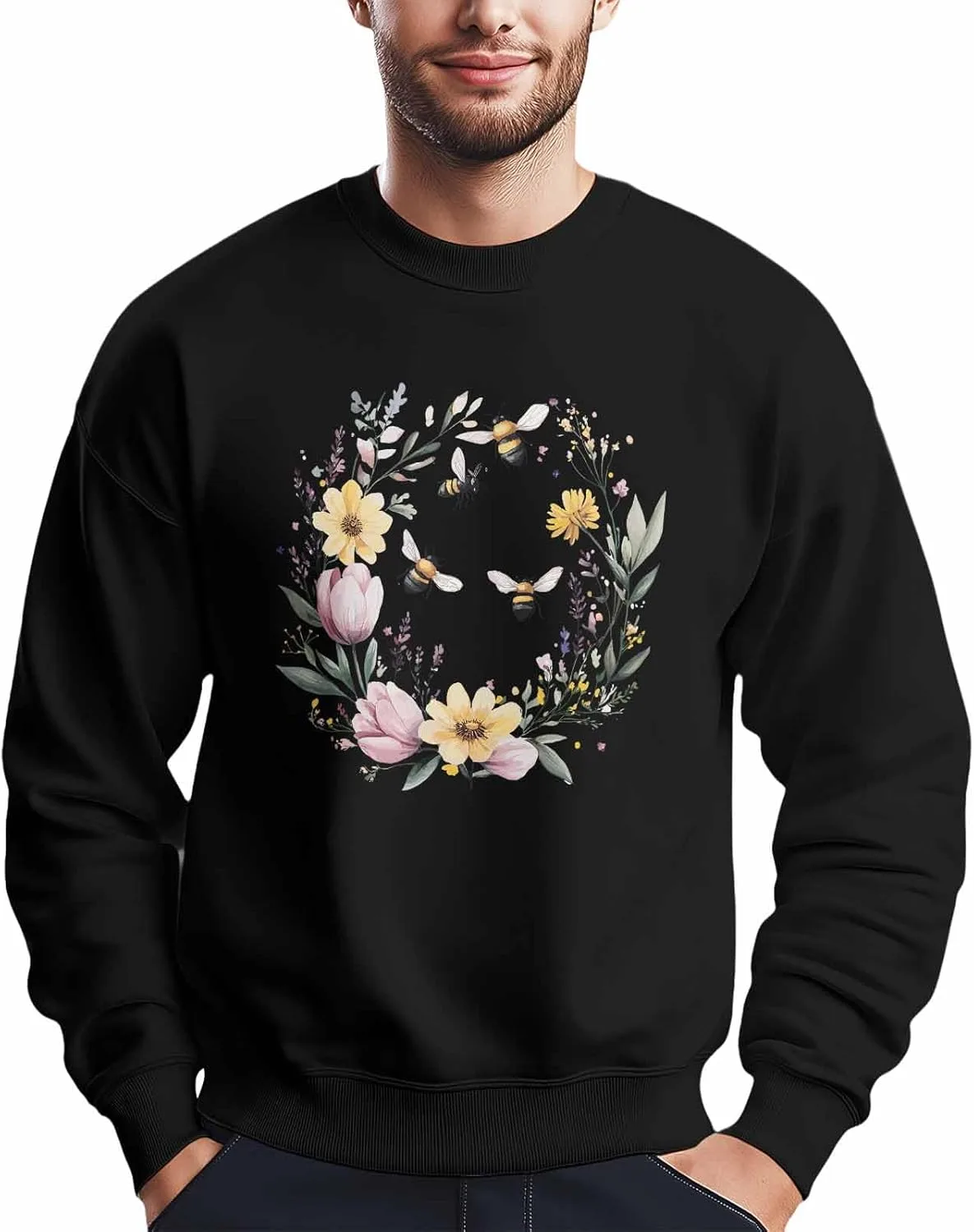 

Мужской свитшот с принтом тюльпана и пчелы, Crewneck, Long Sleeve Winvebermior