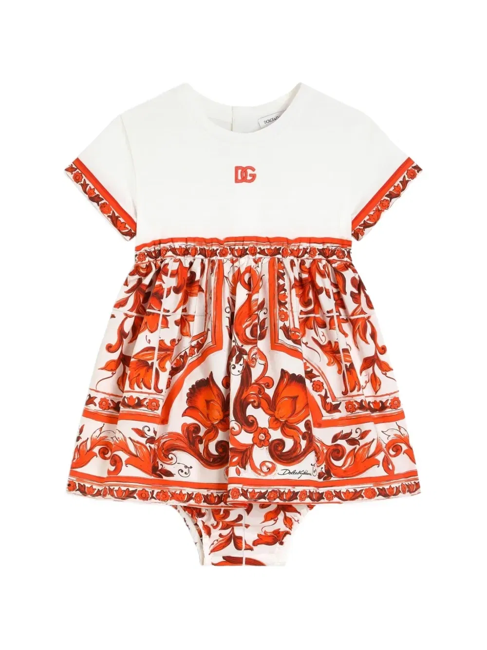 Платье из джерси и поплина с майоличным принтом и шортиками Dolce & Gabbana Kids, белый
