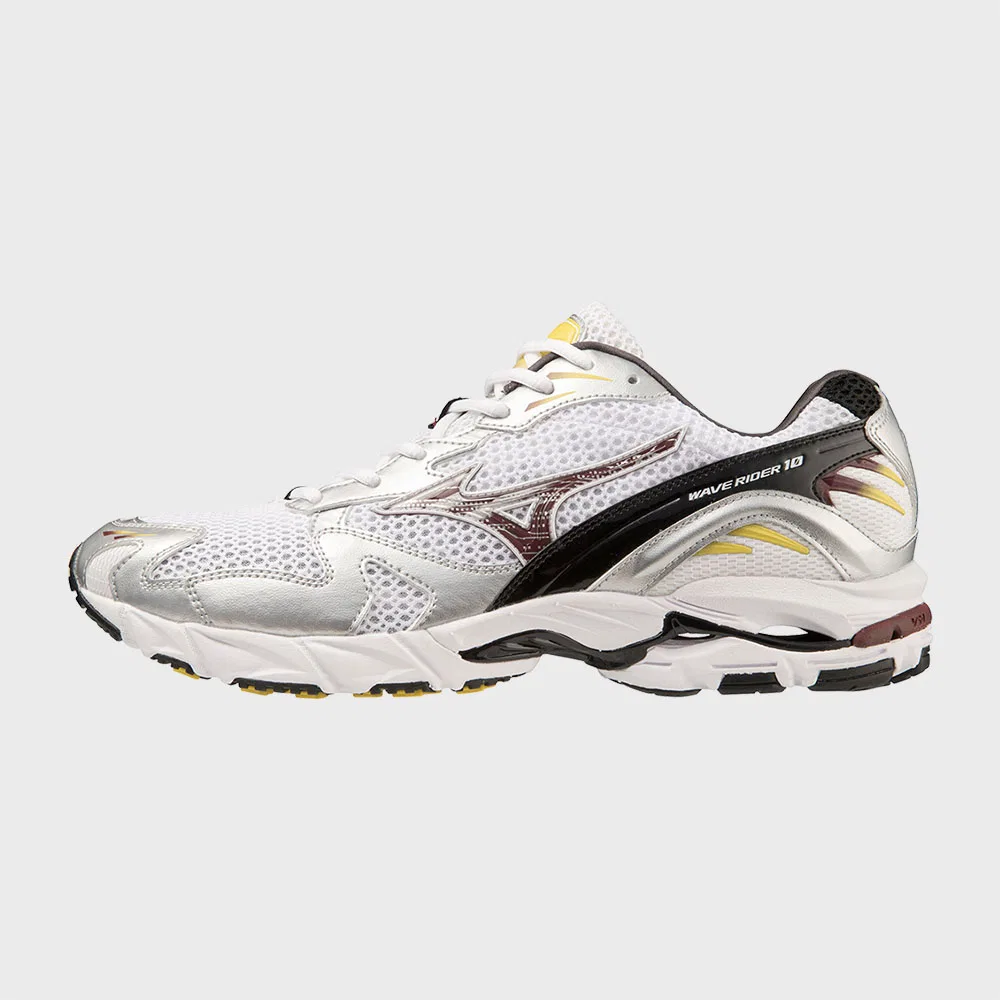Кроссовки унисекс Wave Rider 10 бело-бордово-серебристые от Mizuno
