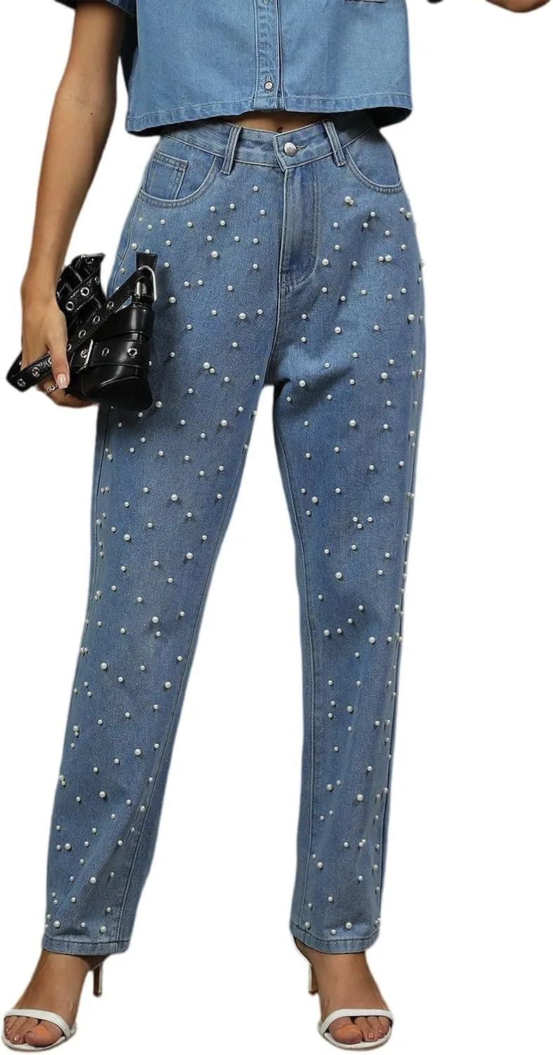Джинсы boyfriend, голубые, Women's Vintage Trendy Boyfriend Pearl Jeans High Waist Straight Leg Stretchy Baggy Y2K Denim Pants Plus Size, 2-sky Blue