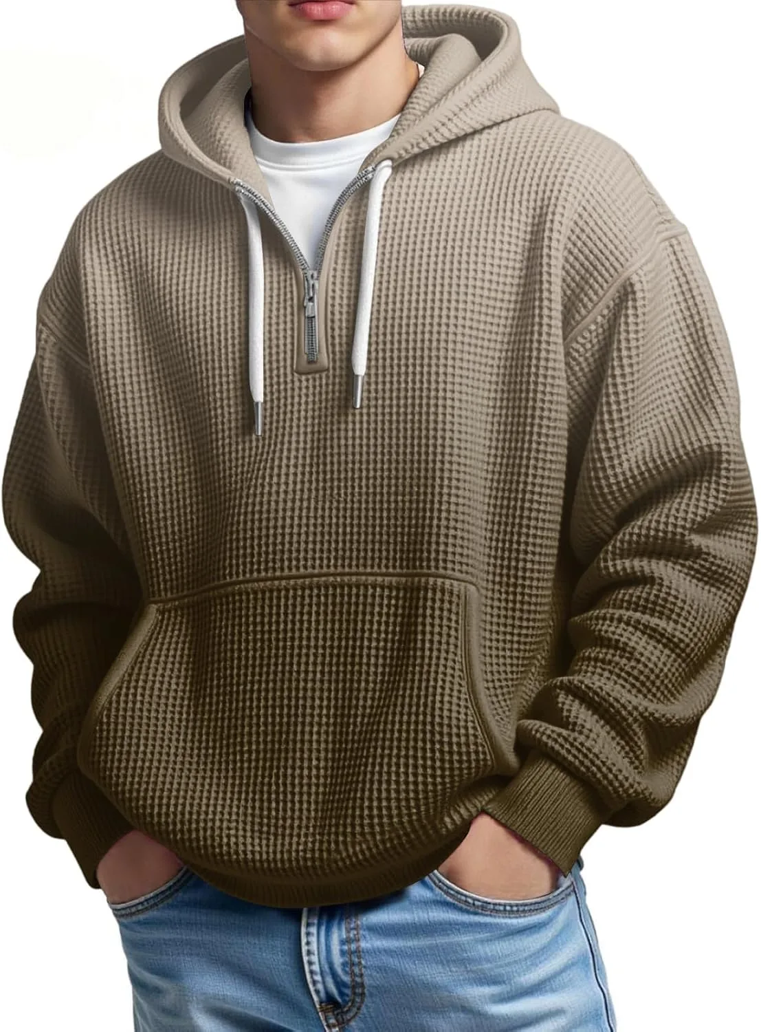 

Толстовка с капюшоном Quarter-Zip для мужчин, Waffle Knit, с длинным рукавом и карманами