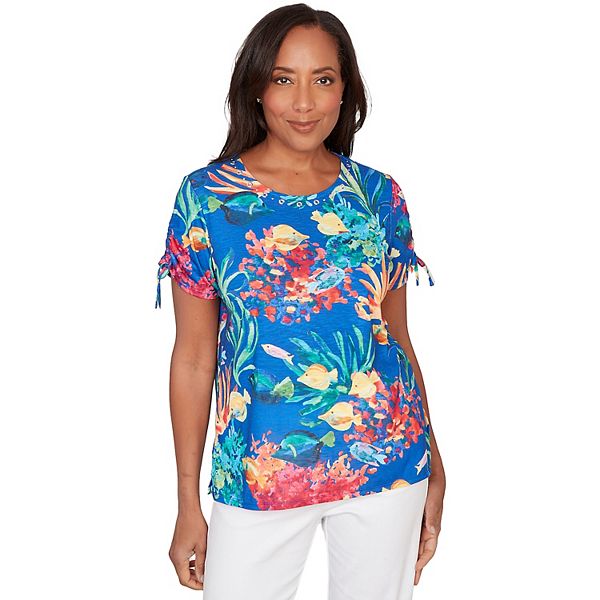 

Женская футболка с тропическим принтом и завязками на рукавах Alfred Dunner, Красный, Женская футболка с тропическим принтом и завязками на рукавах Alfred Dunner