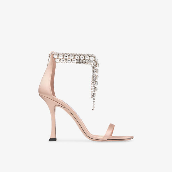 Атласные босоножки Jimmy Choo на каблуке с кристаллами, персиковый