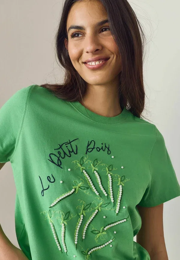 Футболка Next Regular fit embellished petit pois short sleeve crew neck t-shirt, зеленая — фото 2