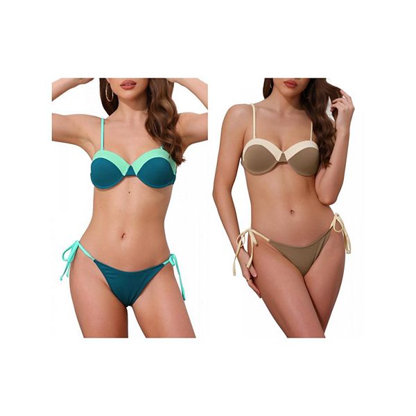 

2 комплекта женского бикини с контрастными цветами, топ на тонких бретелях и треугольные трусики Inspire Chic, Teal Green Brown Beige, Зеленый, 2 комплекта женского бикини с контрастными цветами, топ на тонких бретелях и треугольные трусики Inspire Chic, 